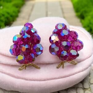 Authentic Judith McCann Wingback Red Aurora Borealis Crystal Earrings Vintage